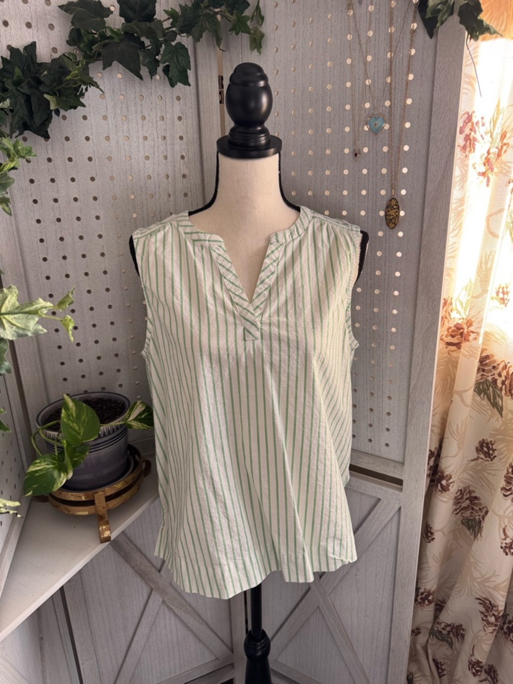 Natural Reflections White Camisole with Green Stripes